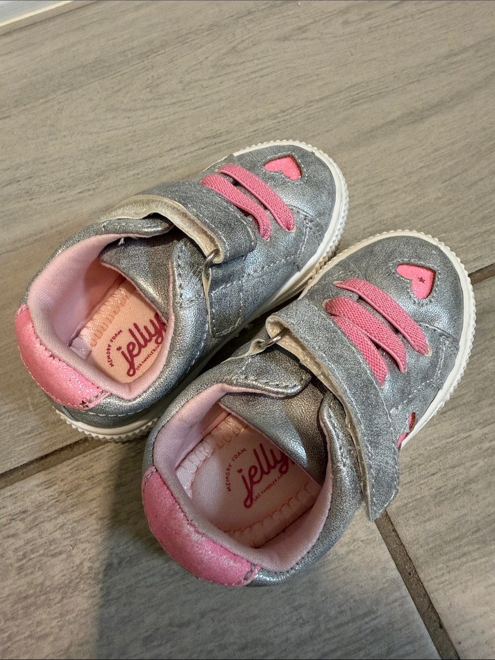 Jellypop Silver Sneakers with Pink Heart Accents